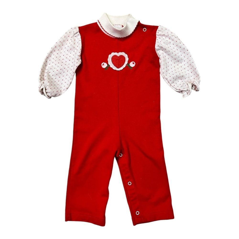 Vintage Health-Tex One Piece Romper 24 Months Red Heart Lace Snaps‎ Long Sleeve
